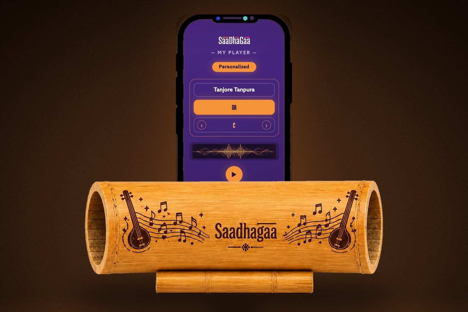 SaaDhaGaa Organic Bamboo Amplifier on its bamboo stand with a phone playing the SaaDhaGaa tanpura